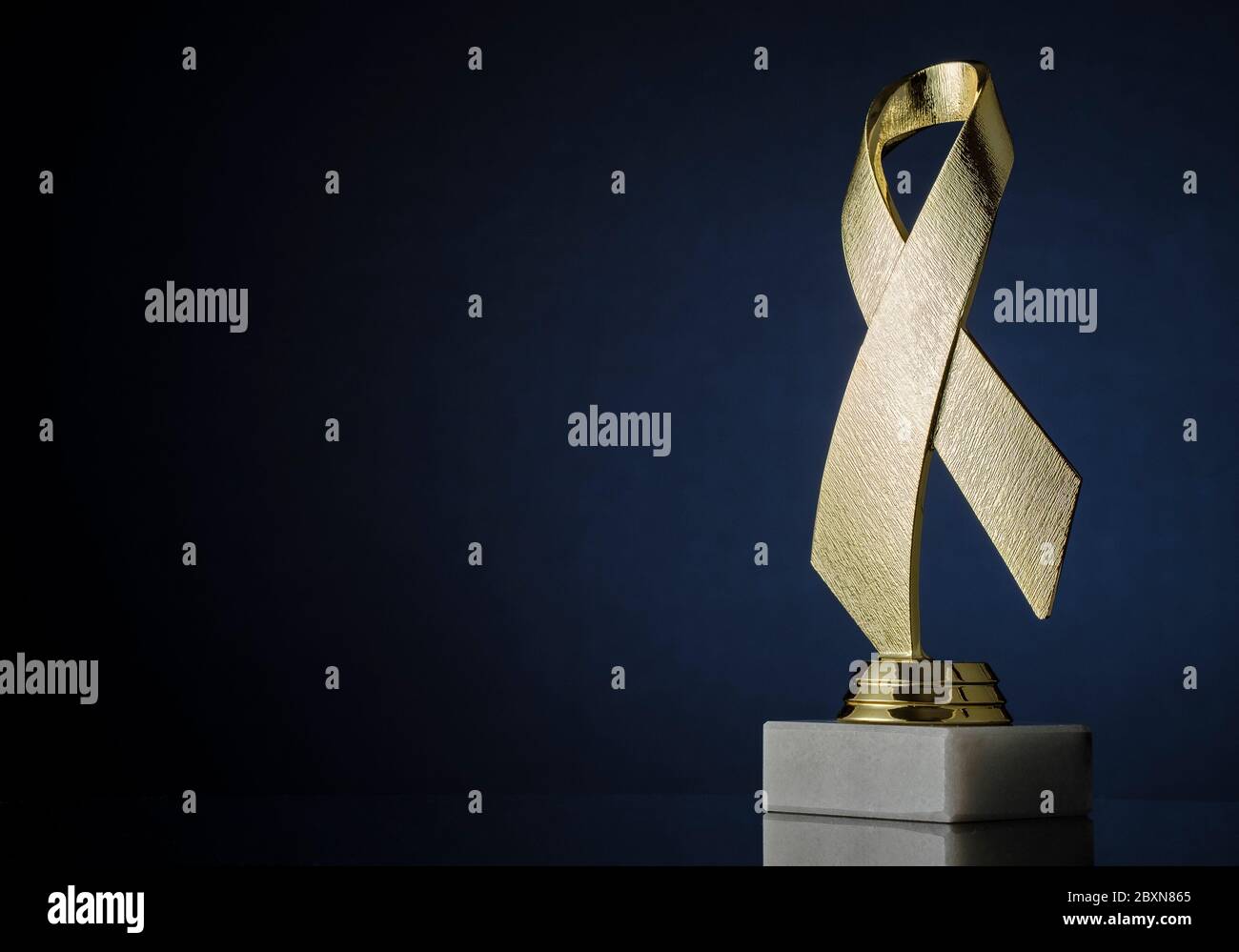 Symbolic textured gold ribbon trophy award on a plinth placed to the