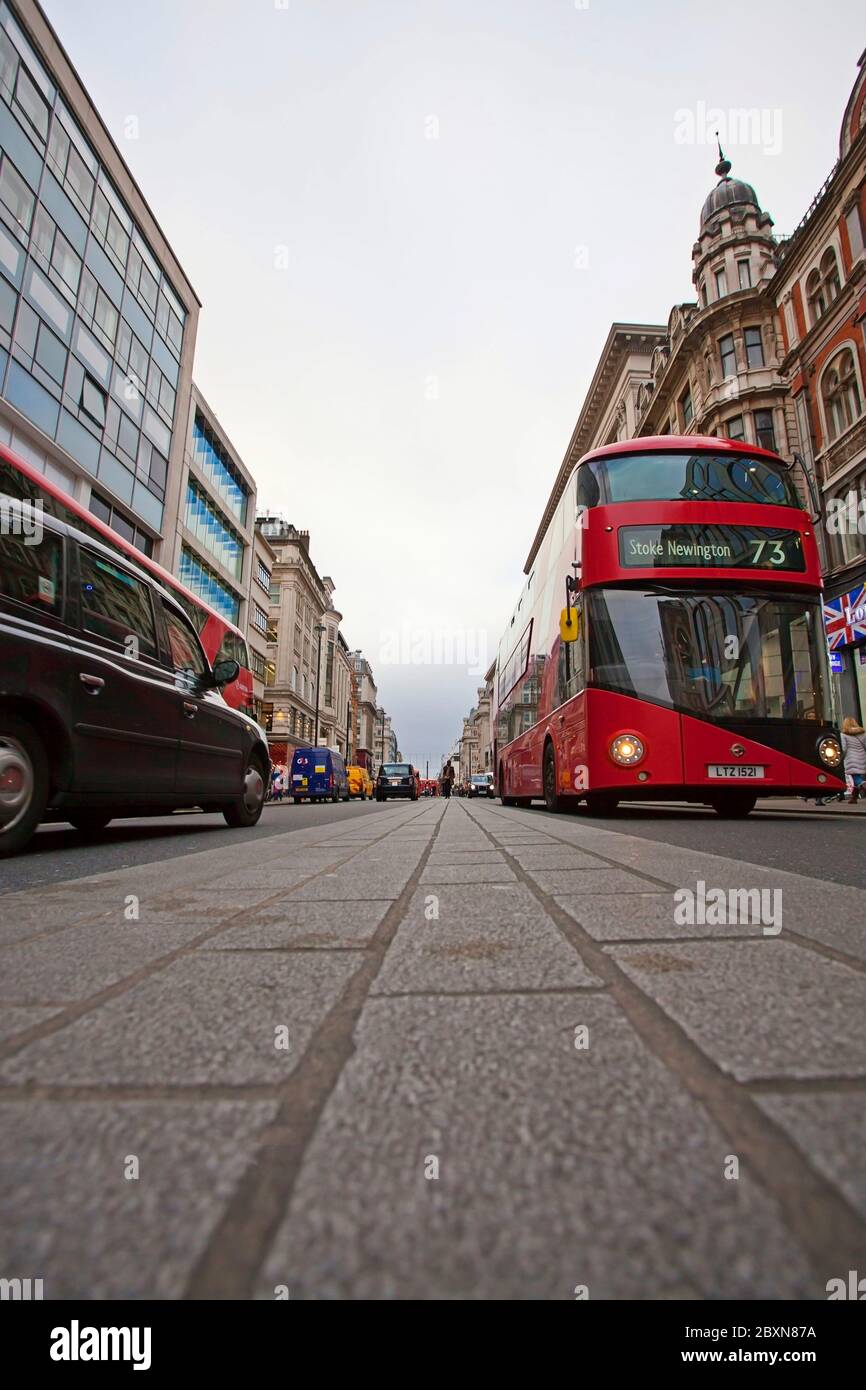 Metroline red bus 73 on Oxford Street, London Stock Photo