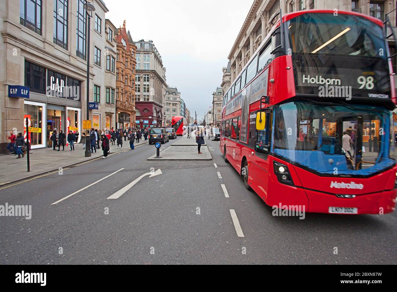 Metroline red bus 98 on Oxford Street, London Stock Photo
