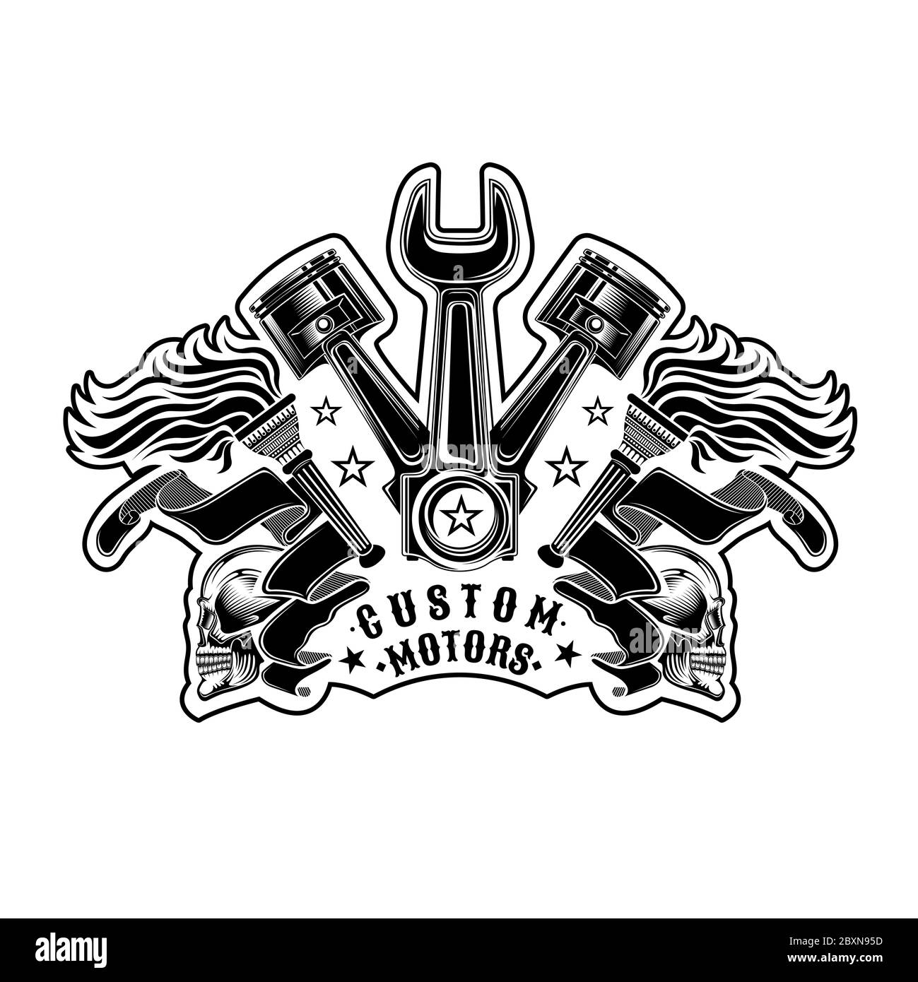 Two crossed pistons with wrench between torches with ribbons. Vintage motorcycle or garage design on white Stock Vector
