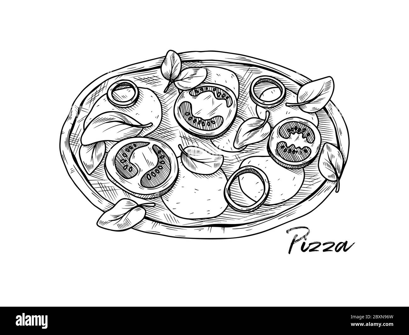 Pizza isolated on a white background. Sketch Italian dishes. Vector illustration in sketch style. Stock Vector