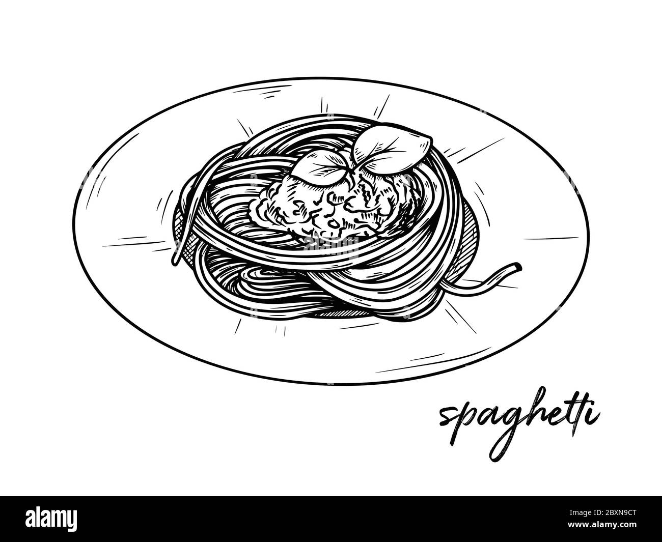 Spaghetti isolated on a white background. Sketch Italian dishes. Vector illustration in sketch style. Stock Vector