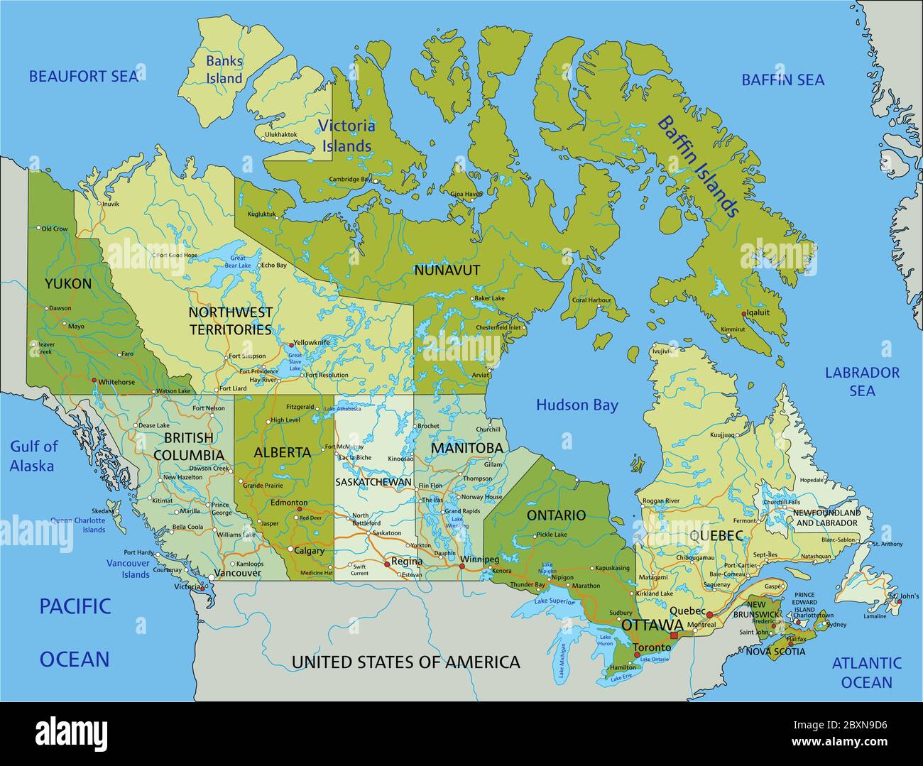 Canada Physical Map Labeled Highly Detailed Editable Political Map With Separated Layers Canada 2BXN9D6