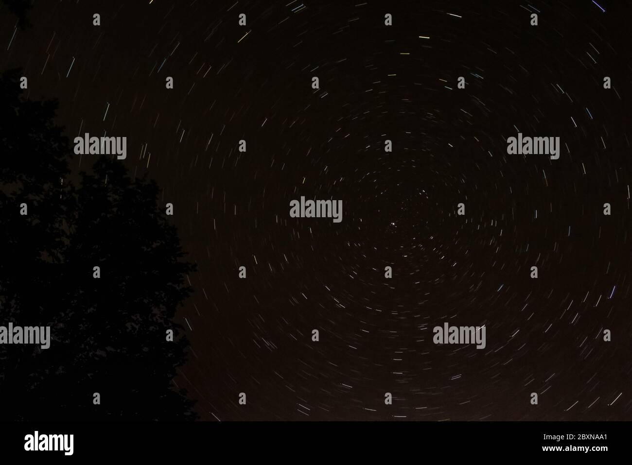 Startrails -stars vortex in the night sky with North Star in the center Stock Photo