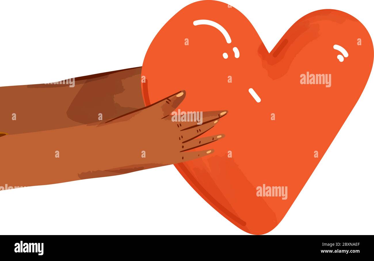 Vector flat illustration of diverse people sharing love, support, appreciation to each other. Hands giving heart as a sign of connection and unity Stock Vector