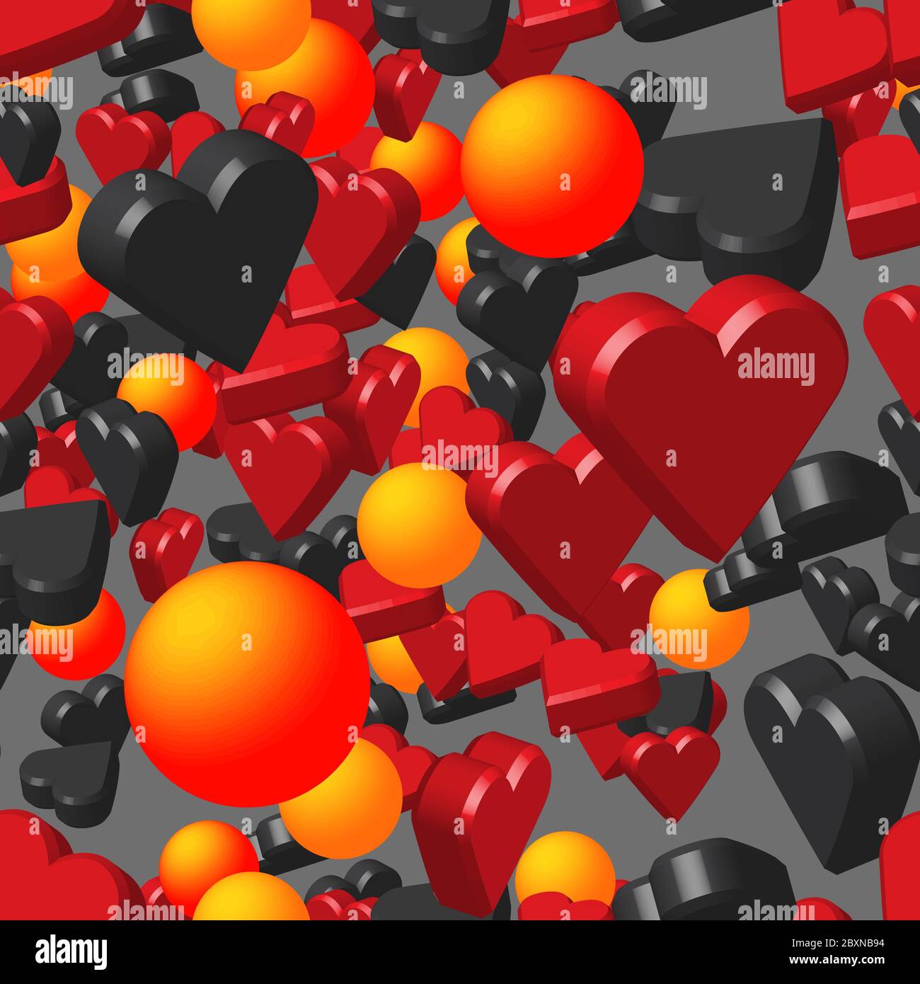 Red Black Hearts and Balls on Gray Seamless Pattern Stock Vector