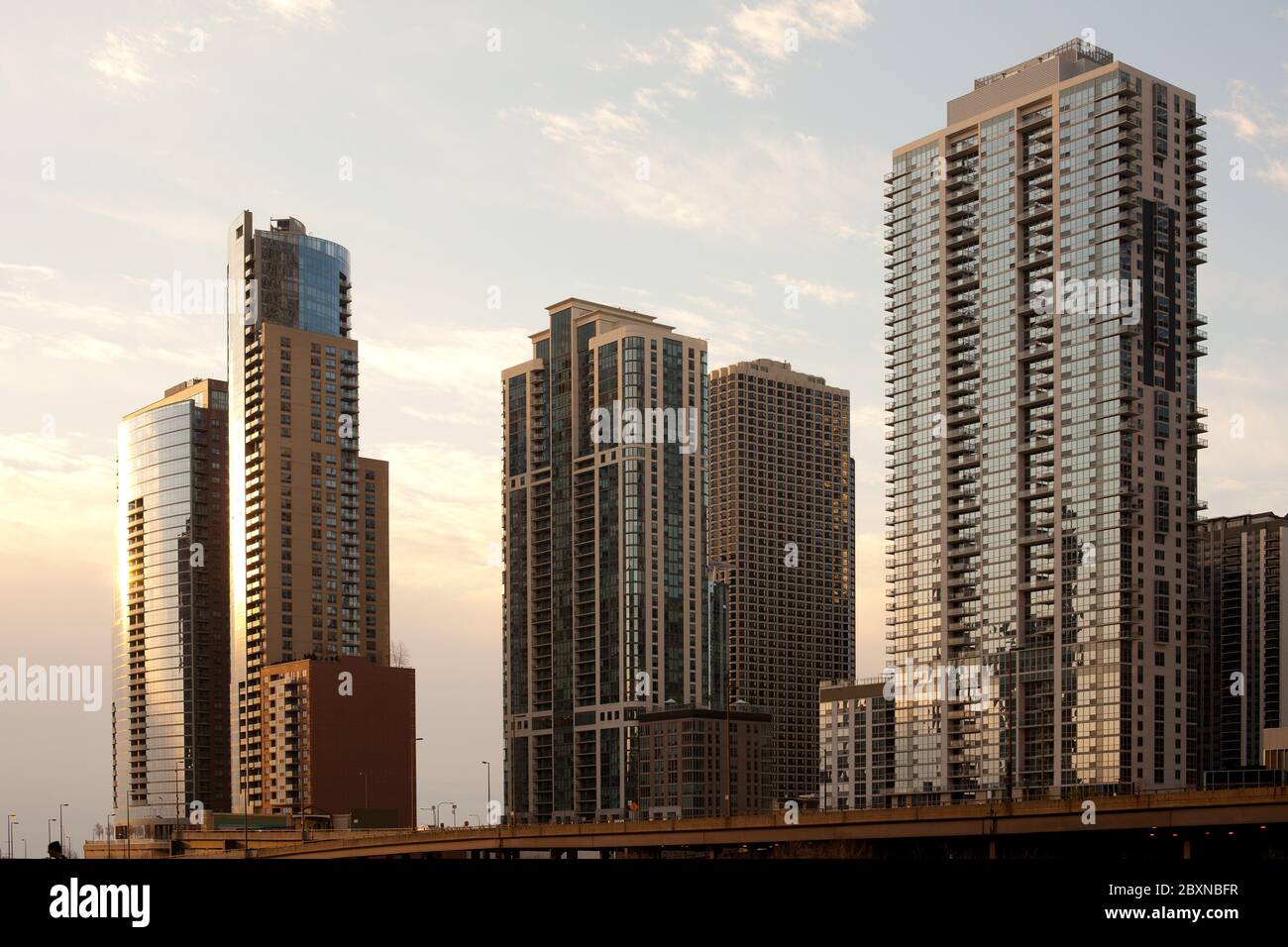 Skyline of buildings at Chicago river shore, Chicago, Illinois, United States Stock Photo