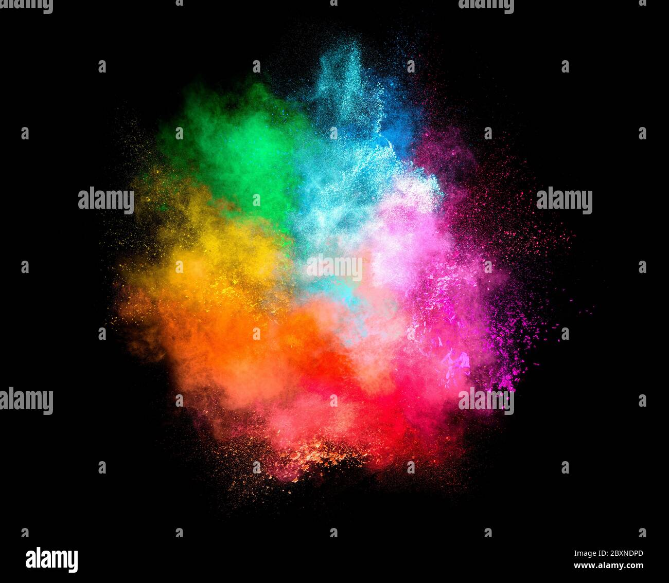 Colorful dust particle explosion resembling a pyrotechnic effect over black background. Closeup