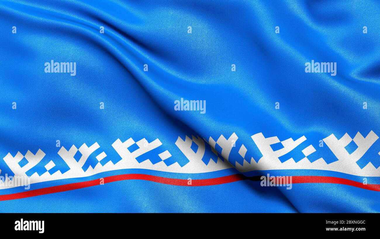 Flag of Yamalo-Nenets Autonomous Okrug waving in the wind. 3D illustration. Stock Photo