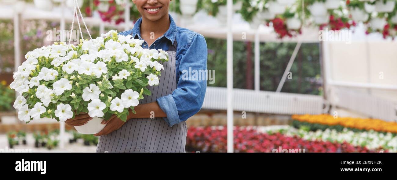 Growing flowers in greenhouse. Girl expressing happiness, holds flowers in her hands Stock Photo