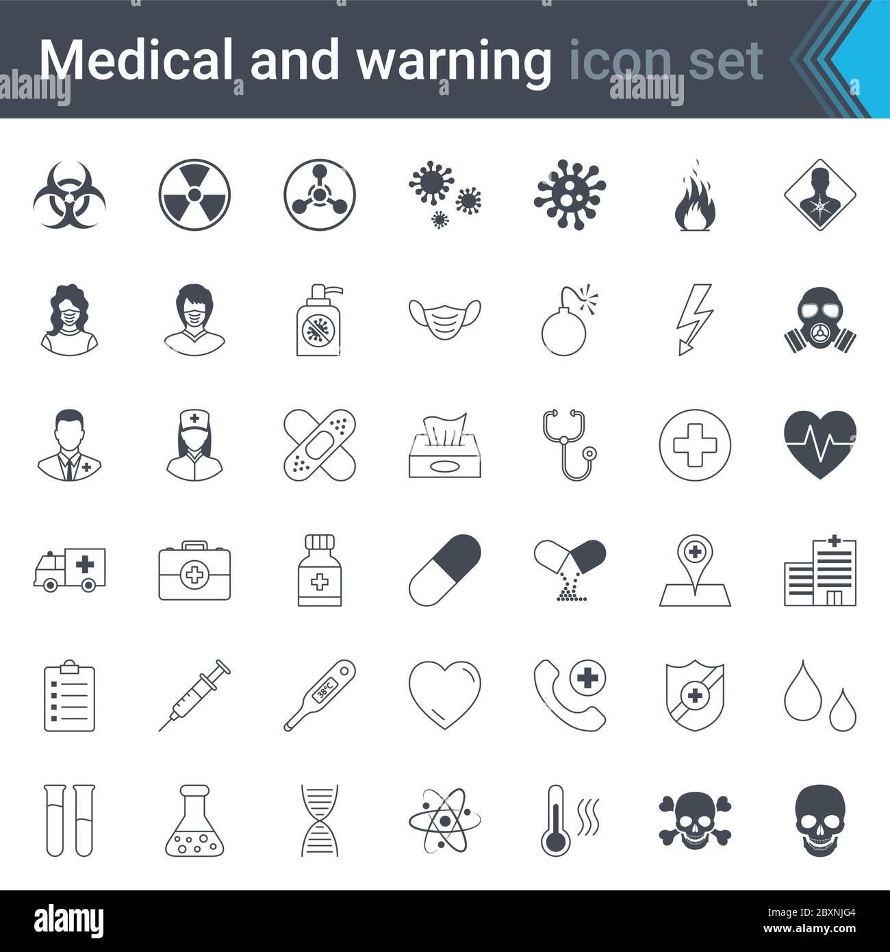 Medical, warning and hospital stroked icons. High quality hazard, danger and medical symbols and elements. Virus warning, protection and health care. Stock Vector