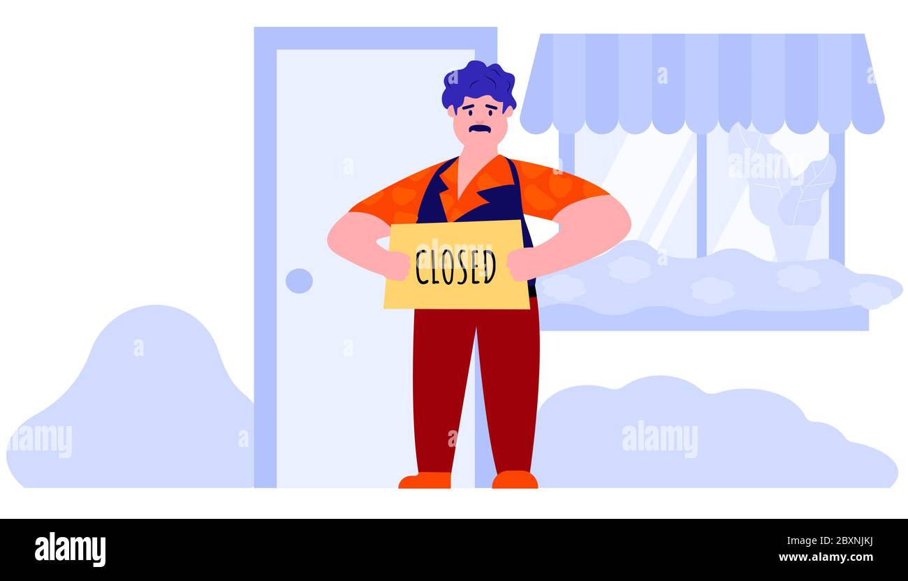 Unhappy man is staying near the closed door. Store shop or cafe is bankrupt and closed. Stock Vector
