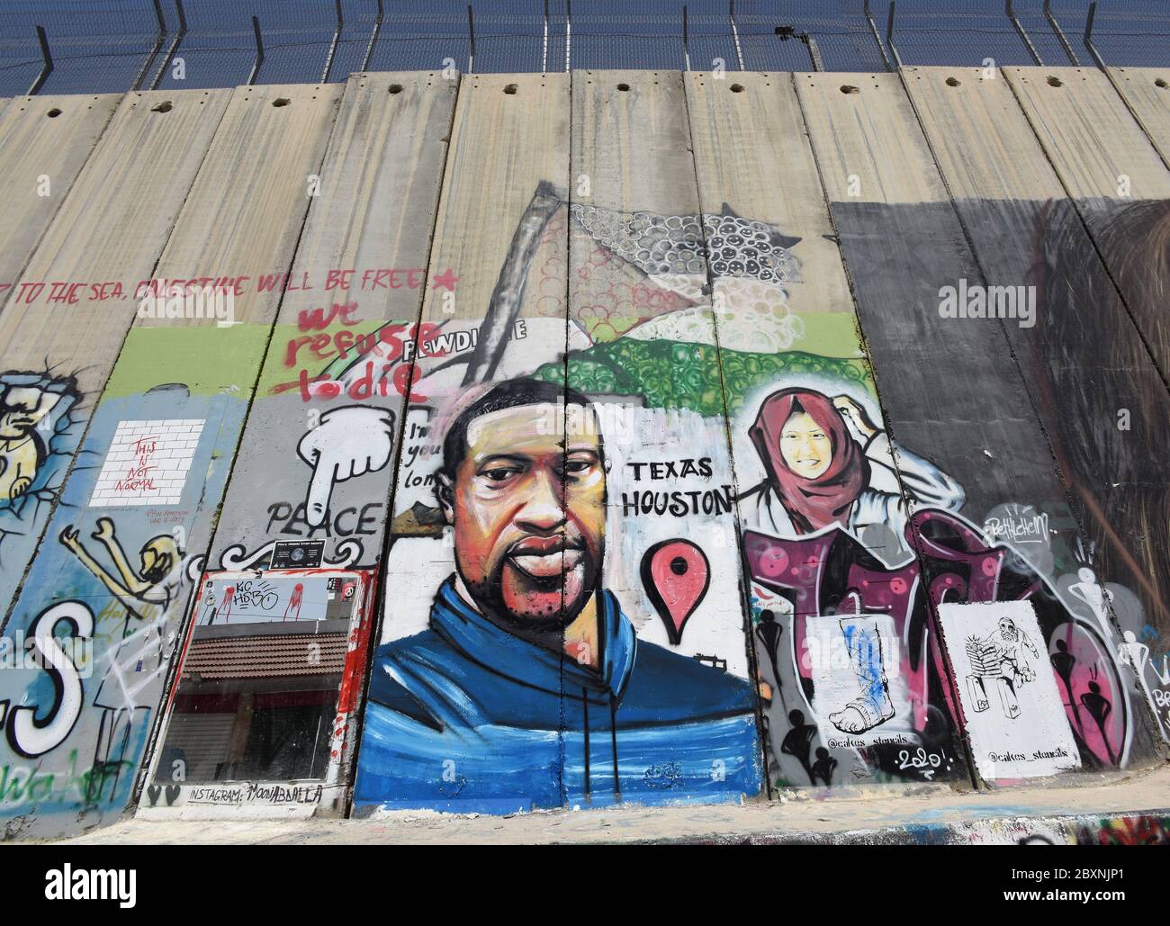 Bethlehem, West Bank. 08th June, 2020. A graffiti mural of the late George Floyd is seen on the Israeli separation wall in Bethlehem, West Bank, on Monday, June 8, 2020. Floyd, 46, an unarmed African American, died on May 25, in Minneapolis, Minnesota, after a white police officer Derek Charvin forcefully knelt on his neck for nearly nine minutes while Floyd pleaded that he couldn't breathe. Photo by Debbie Hill/UPI Credit: UPI/Alamy Live News Stock Photo