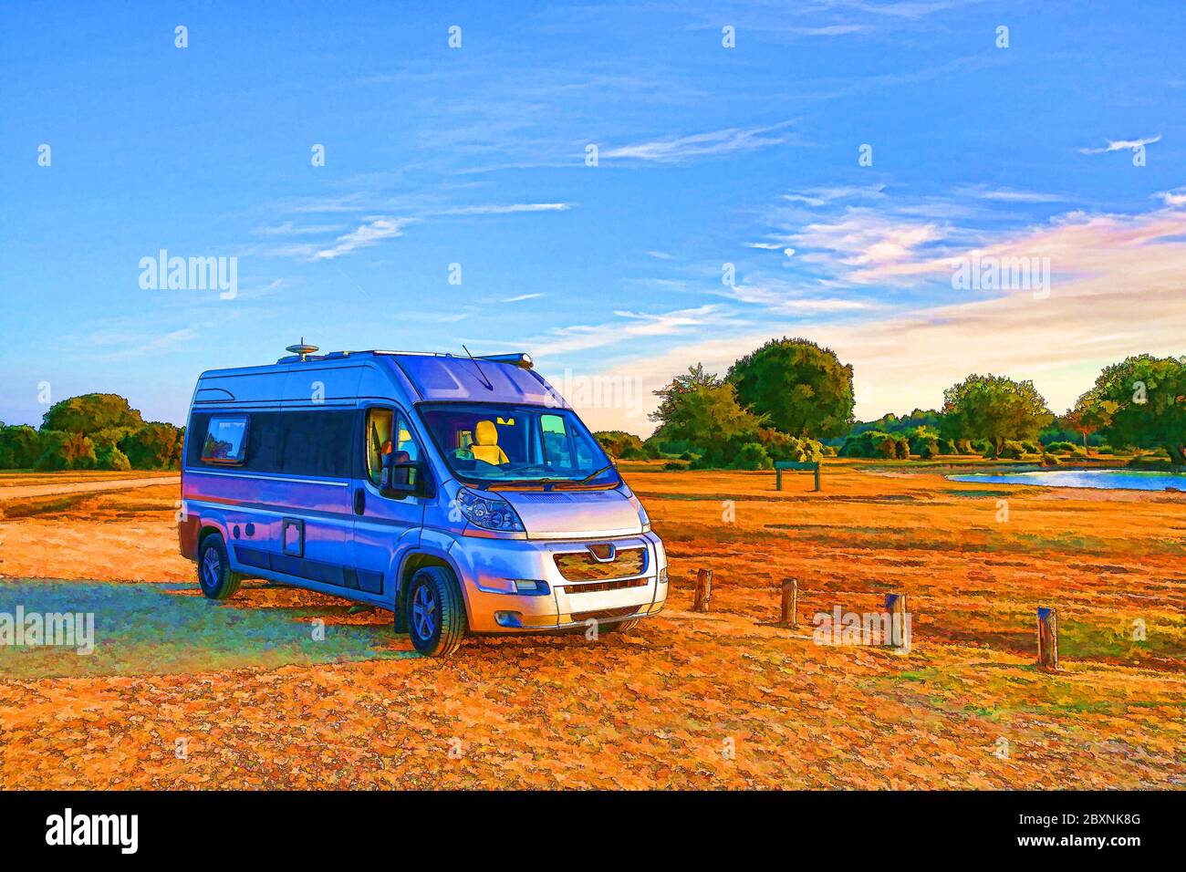 Campervan motorhome van conversion in bright colourful colours by lake New Forest Hampshire England UK Stock Photo