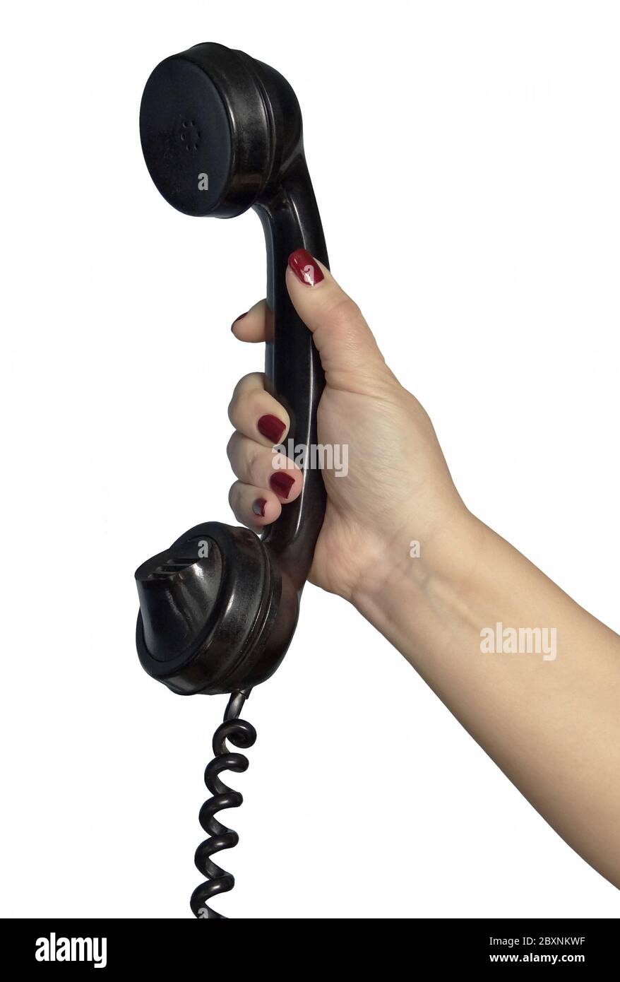 Old fashioned telephone handset pickup in female hand Stock Photo Alamy