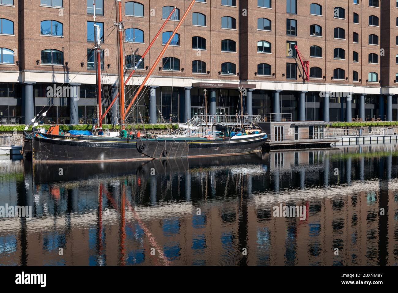 Historic Thames sailing barges moored in St. Katherine Docks Marina. London. An exclusive leisure, housing and business development. Stock Photo