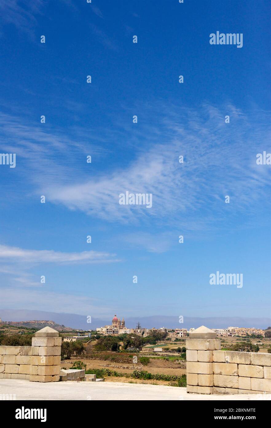 Gozo island, Malta. Panoramic view to Ta Pinu church. The Blessed Virgin of Ta' Pinu, is a religious devotion which originated on Gozo, the sister in Stock Photo