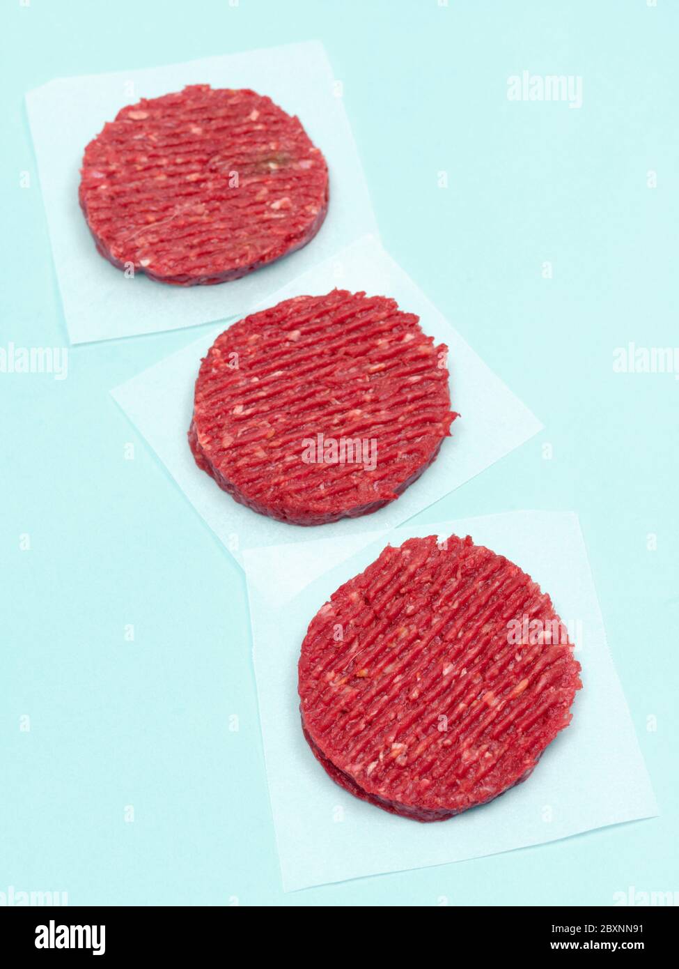 Burger patties isolated on a pale blue background Stock Photo - Alamy