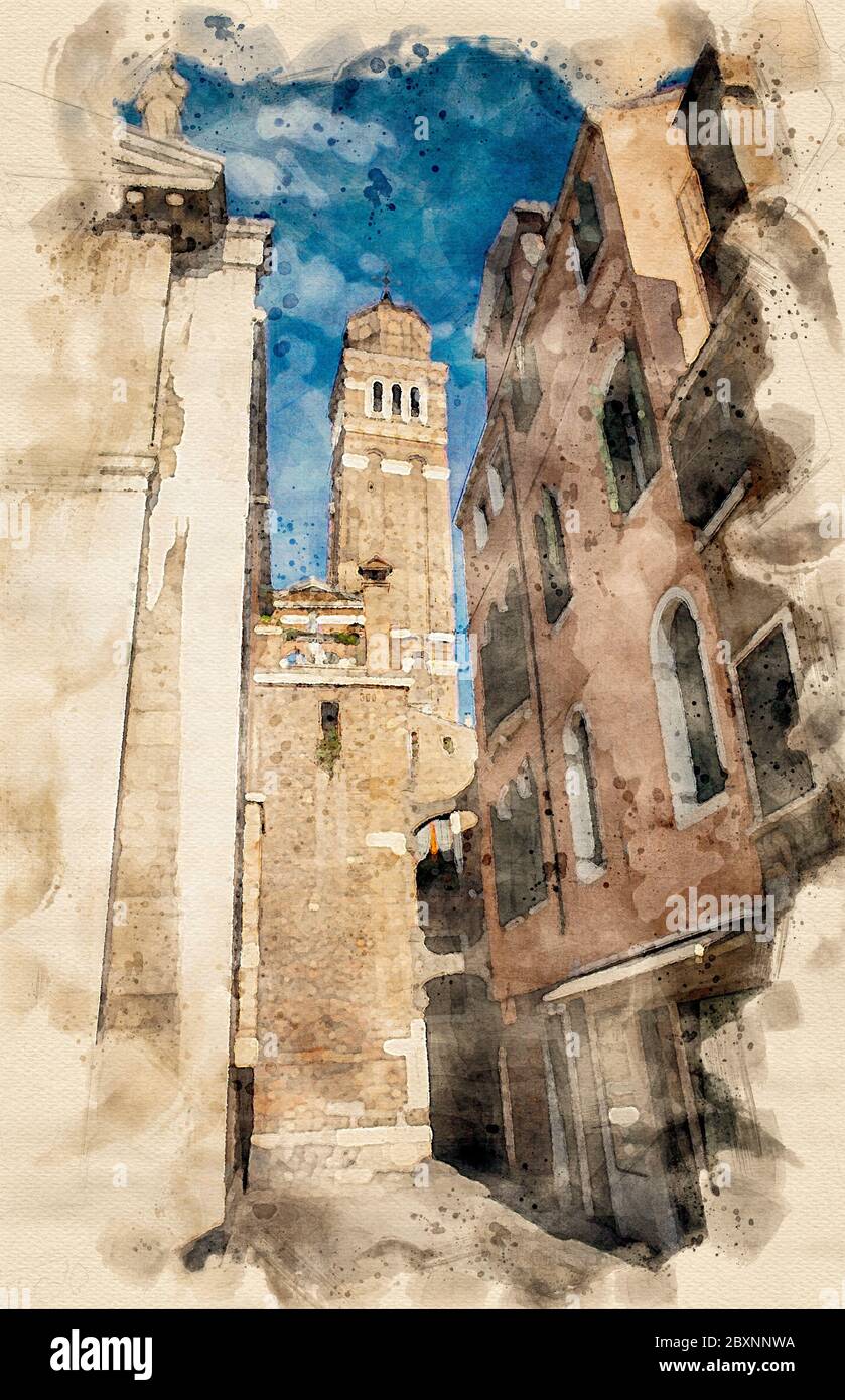 Watercolor painting of narrow street i Venice, Italy,  with view to the San Maurizio church in the sestiere of San Marco. Stock Photo