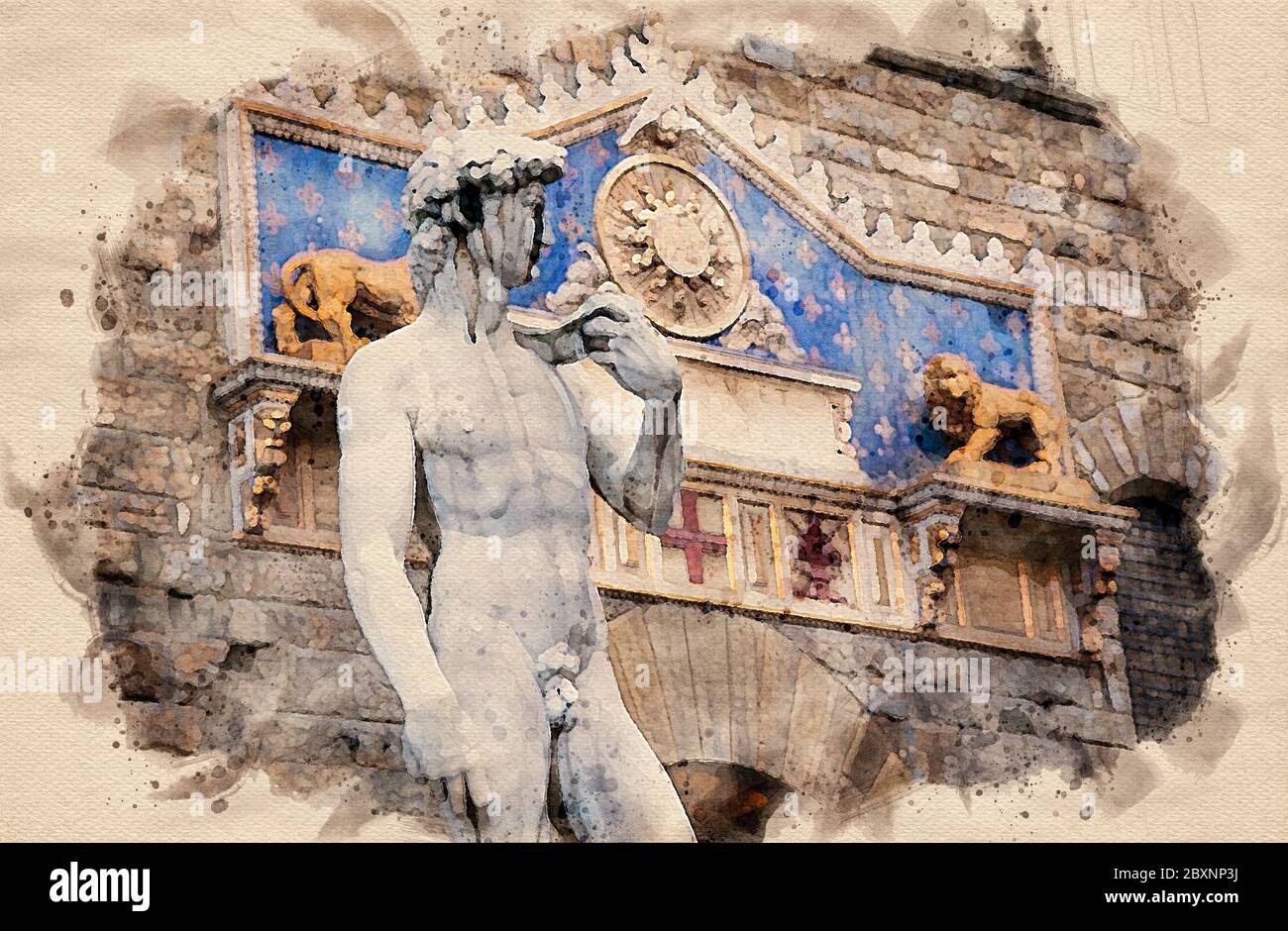 Watercolor painting of statue of David by Michelangelo outside Palazzo Vecchio, Florence Italy Stock Photo