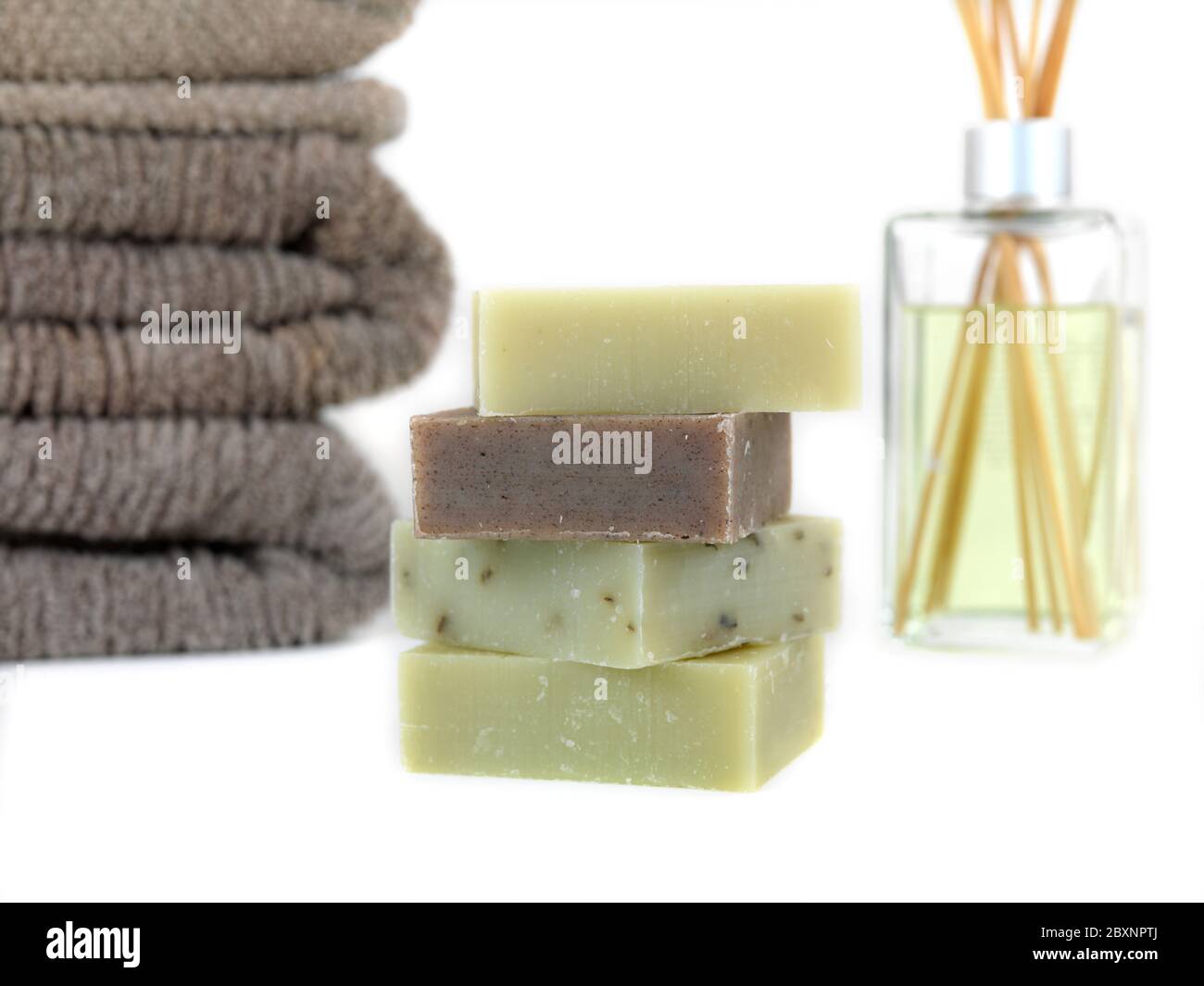 Scented olive oil soaps isolated against a white background Stock Photo