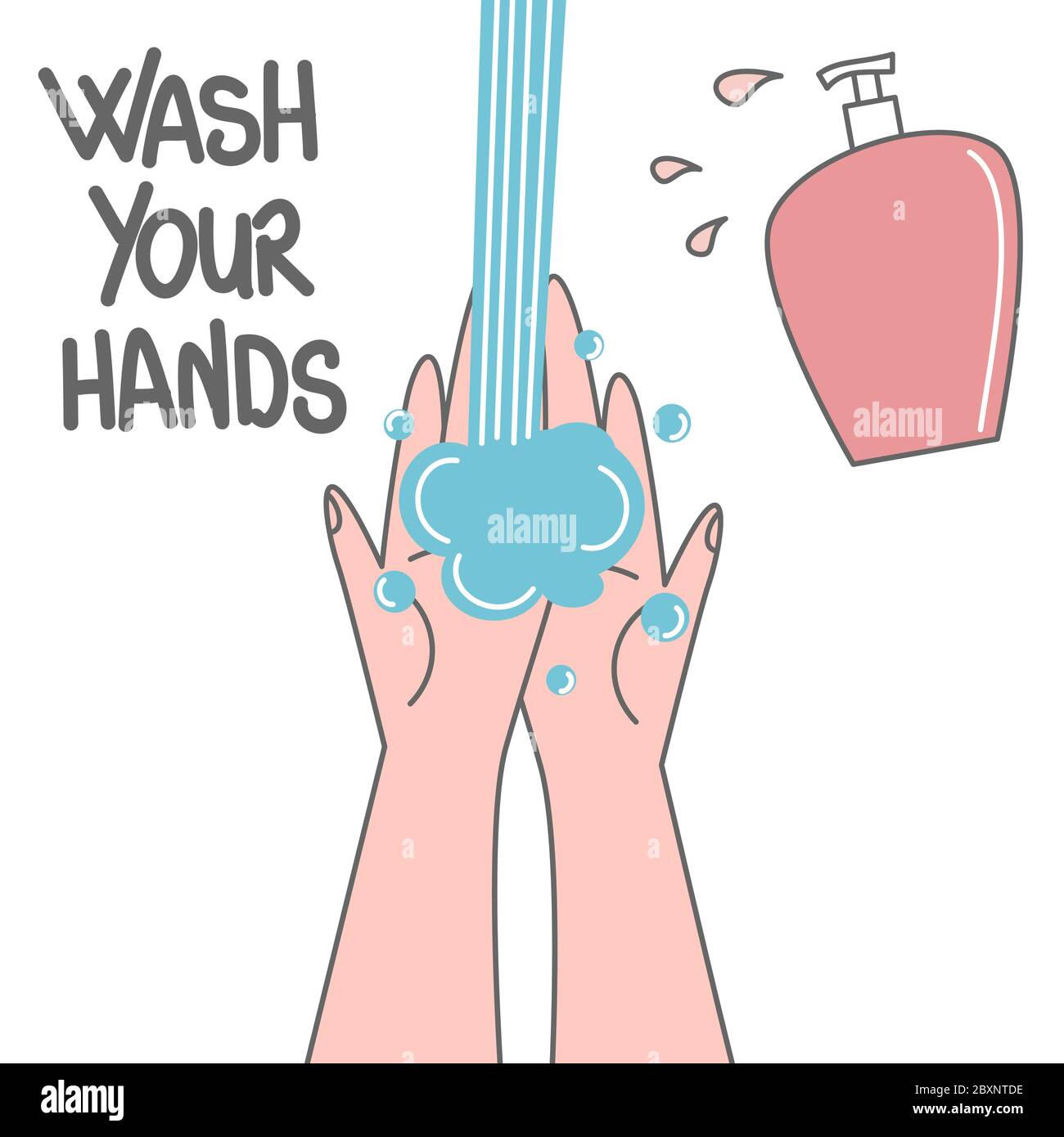 cute cartoon hand washing with hand drawn lettering wash your hands Covid-19 coronavirus concept vector illustration Stock Vector