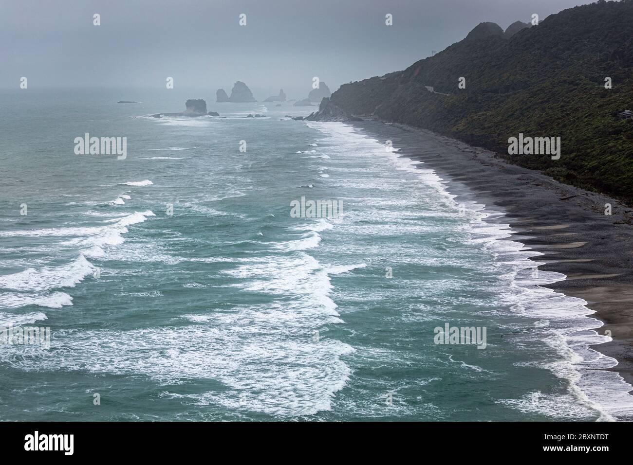 A stormy day at Nine Mile Beach on the dramatic West Coast of New Zealand's South Island Stock Photo