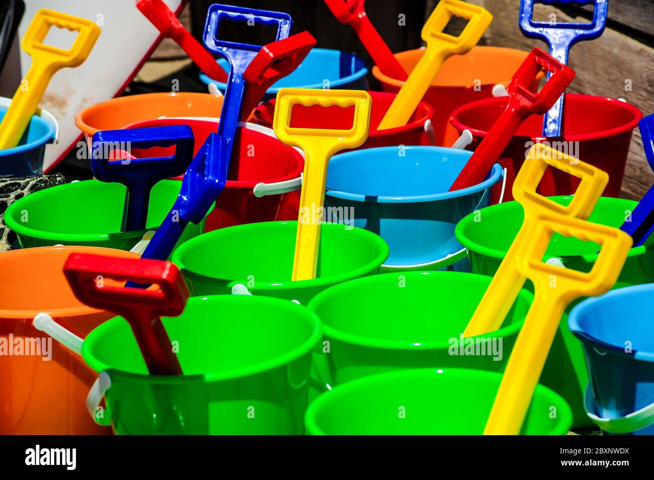 Buckets and Spades on the beach for birthday party Stock Photo Alamy