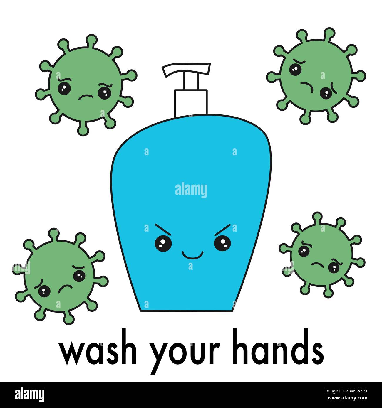 Cute Cartoon Character Soap Dispenser And Virus Covid 19 Coronavirus Concept Vector Illustration Stock Vector Image Art Alamy