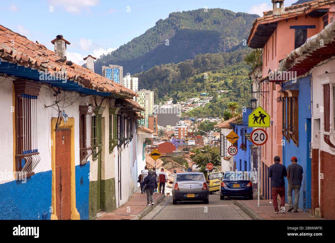 Old town street with mountain in Bogota Stock Photo