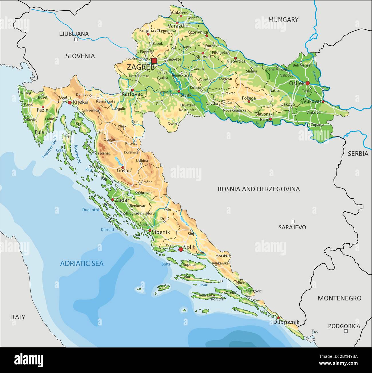 High detailed Croatia physical map with labeling Stock Vector Image & Art -  Alamy