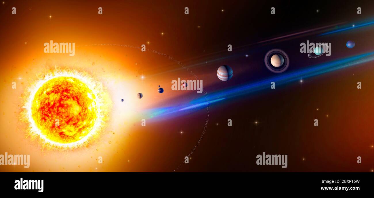 Planets of the solar system, sun, Mercury, Venus, Earth, Moon, Mars, Jupiter, Saturn, Uranus, Neptune, Magnitudes and dimensions are not to scale Stock Photo