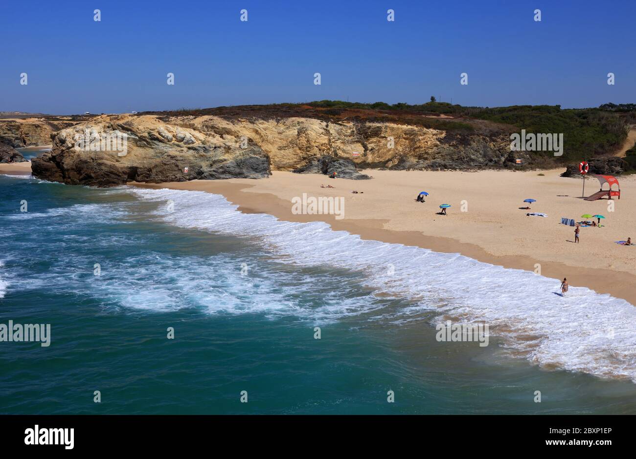 Portugal, Alentejo, Sines. Beautiful, pristine, beach in the picturesque village of Porto Covo on Portugal's Atlantic West Coast. Stock Photo