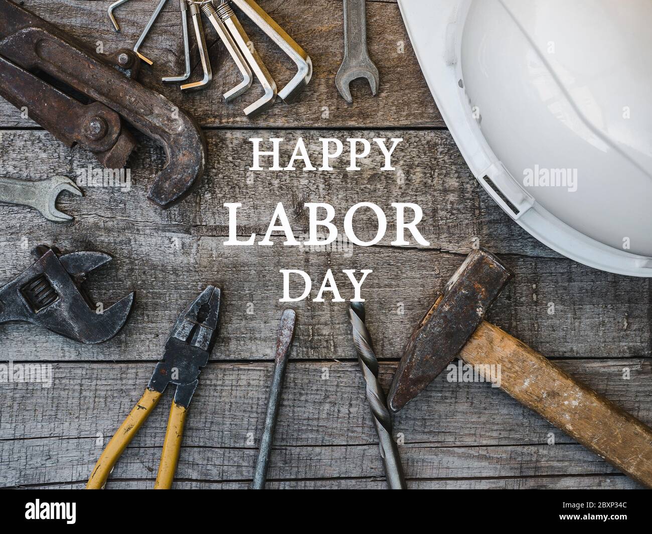 LABOR DAY. Hand tools lying on the table Stock Photo