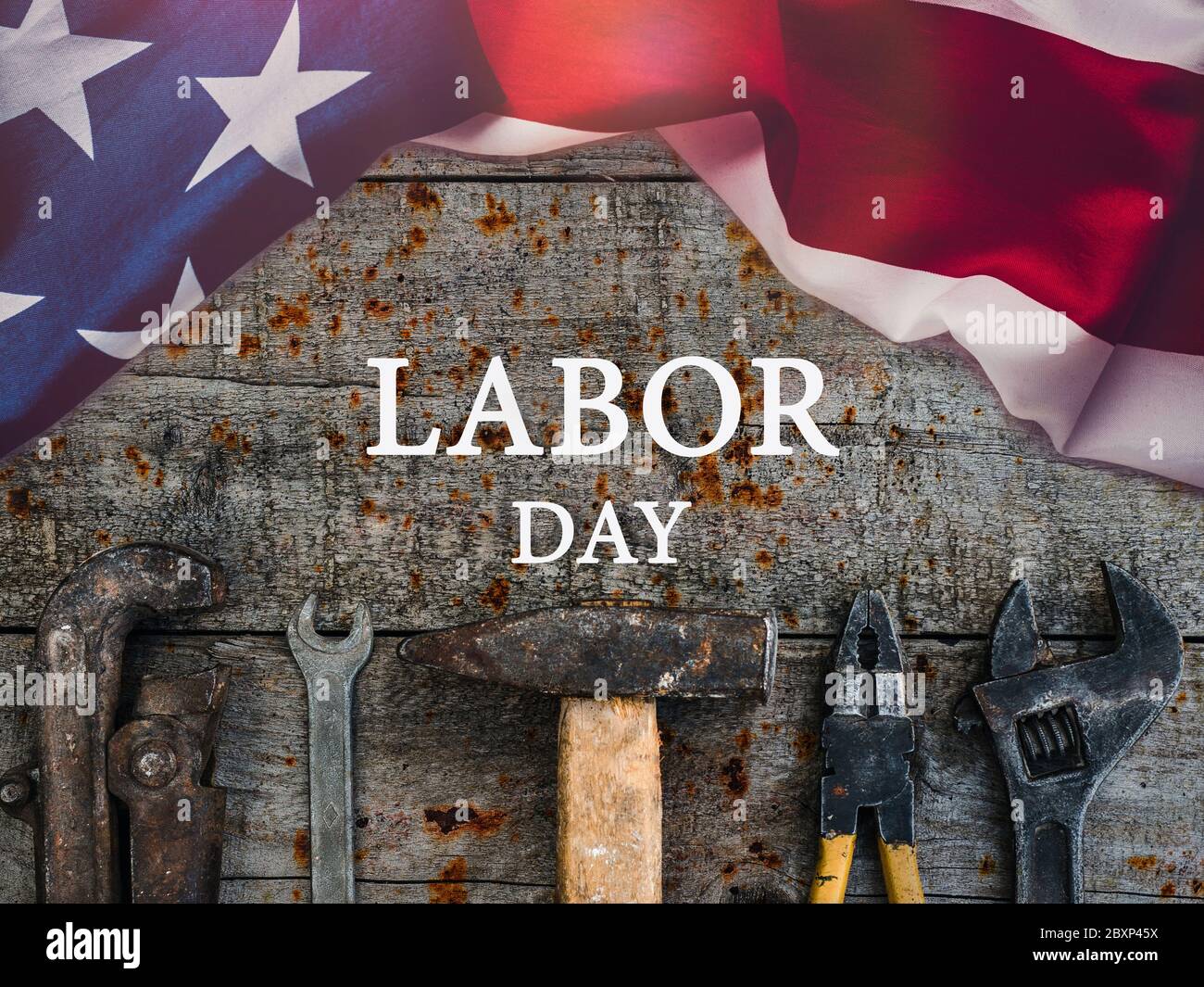 LABOR DAY. Hand tools lying on the table Stock Photo