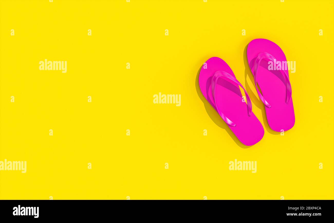 fuchsia flip flop on a yellow flat lay style. nobody around. 3d render. Stock Photo