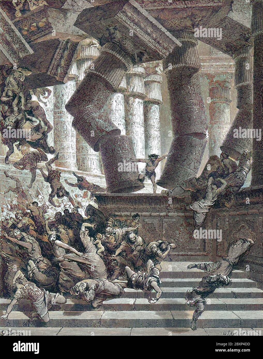 Machine colourized (AI) Death of Samson [Let me die with the Philistines!] Judges 16:30 From the book 'Bible Gallery' Illustrated by Gustave Dore with Memoir of Dore and Descriptive Letter-press by Talbot W. Chambers D.D. Published by Cassell & Company Limited in London and simultaneously by Mame in Tours, France in 1866 Stock Photo