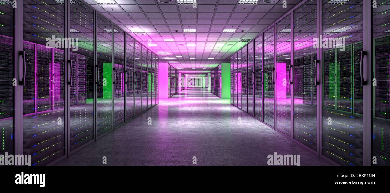 server room with purple and green lights, nobody around, 3d render. concept of web, internet, database and telecommunication technology Stock Photo