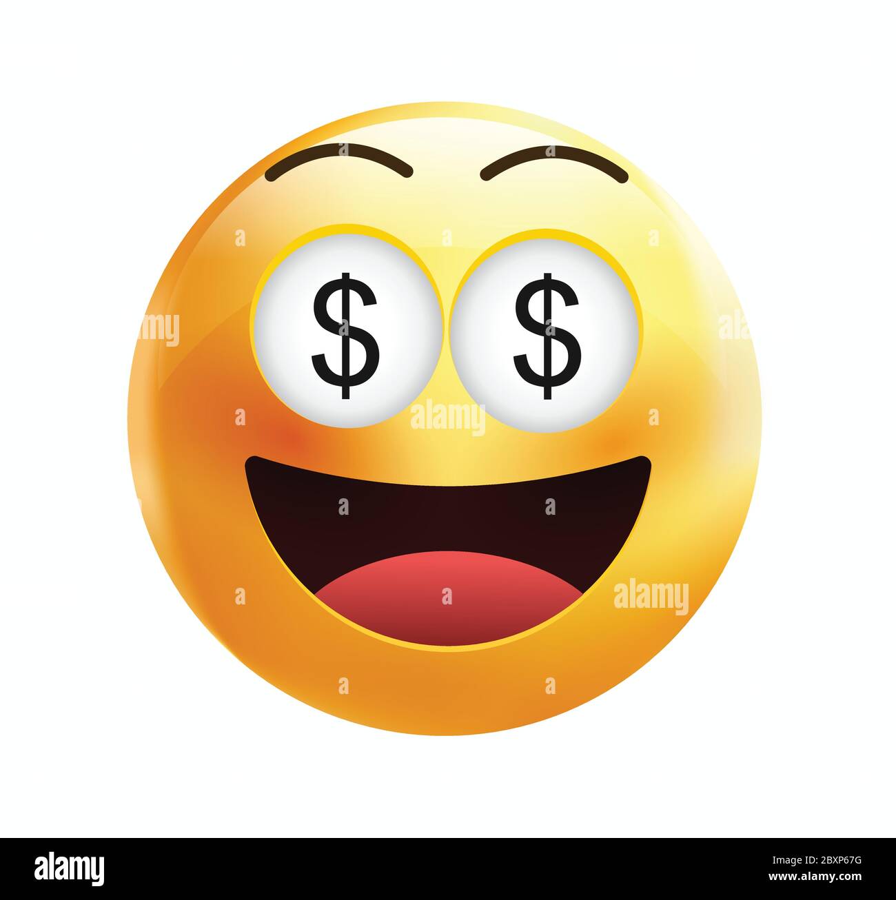 High quality emoticon on white background.Dollar sign emoji eyes. Yellow face dollar emoji vector illustration.Money face.Dollar emoticon.Rich emoji. Stock Vector