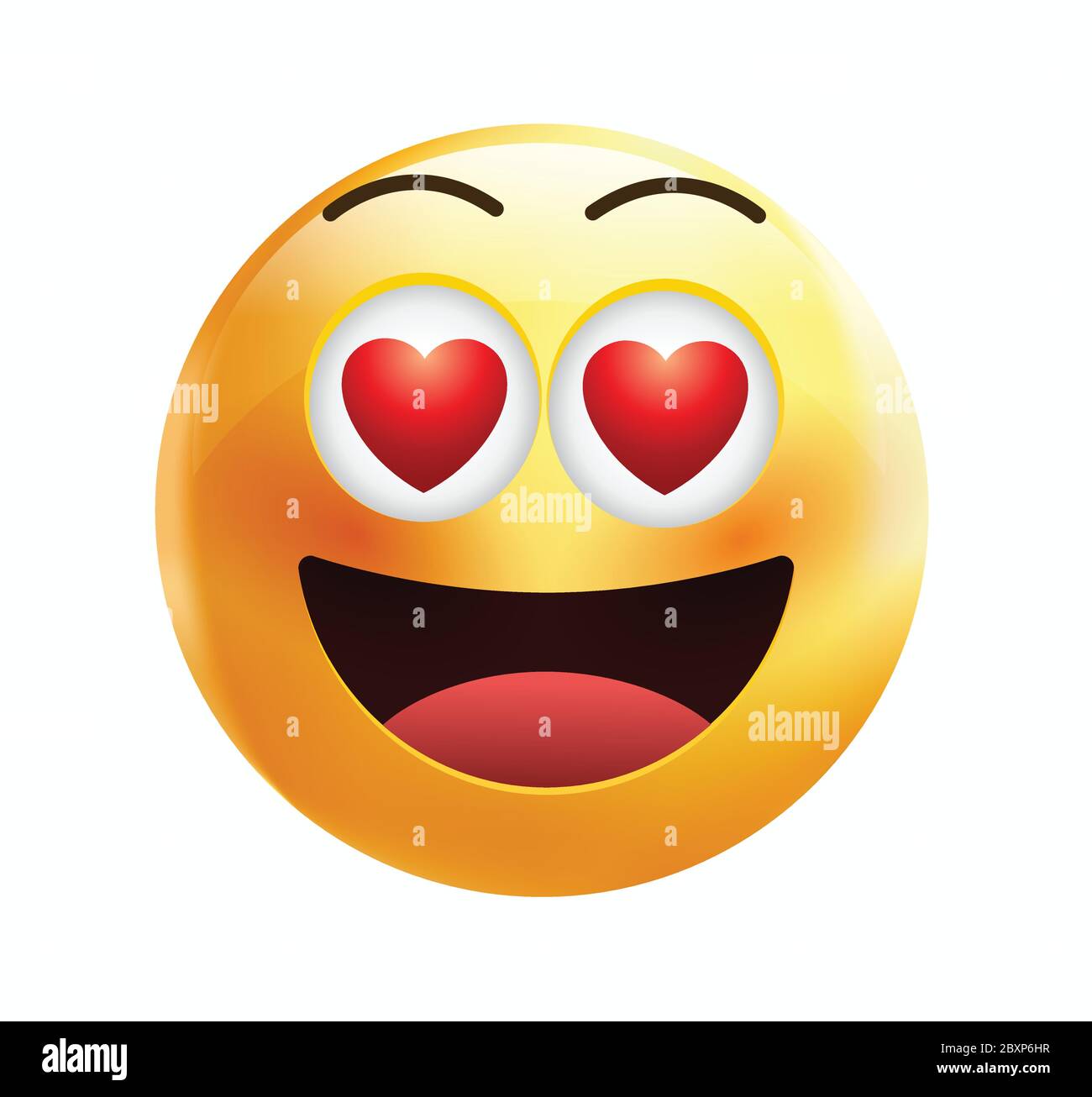 High quality emoticon smiling, love emoji isolated on white background. Yellow face emoji with red heart eyes and smile vector illustration. Stock Vector