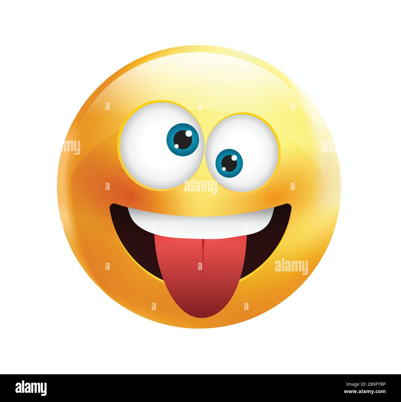 High quality emoticon vector on yellow gradient background. Happy emoji with eyes.Yellow face with crazy eyes.Tongue emoji.Silly emoji. Stock Vector