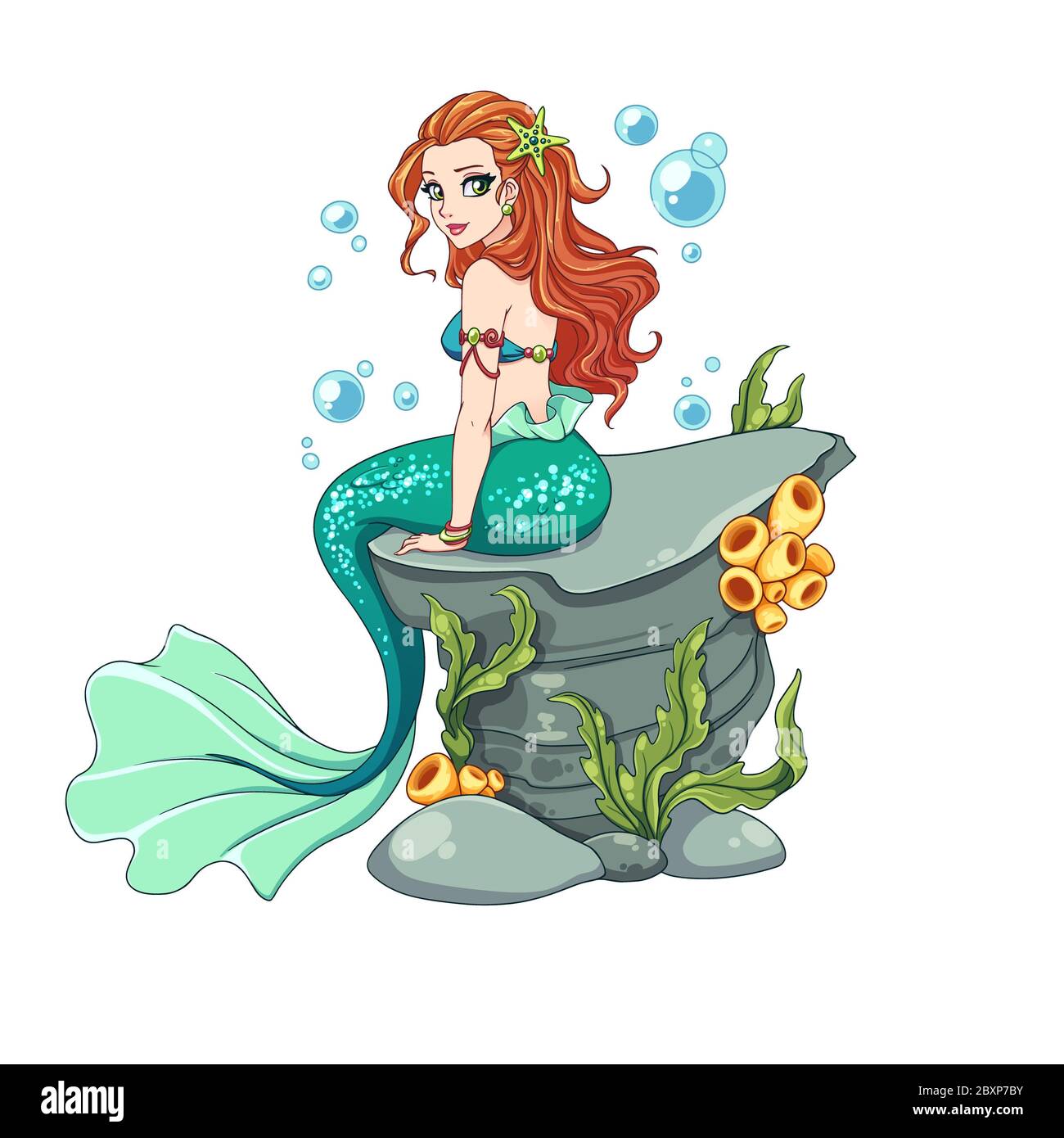Beautiful cartoon mermaid with curly red hair and green fish tail sitting  on sea rock with seaweed. Hand drawn vector illustration isolated on white  Stock Photo - Alamy