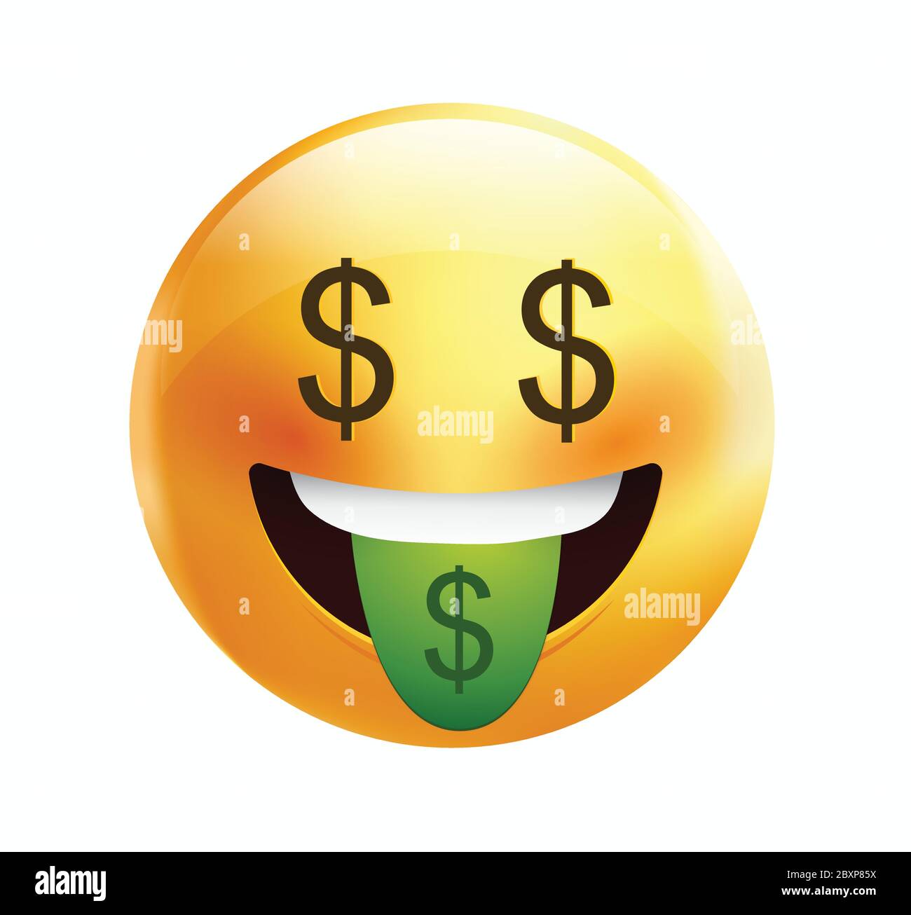 High quality emoticon on white background.Dollar sign emoji eyes. Yellow face emoji with green tongue vector illustration.Money mouth face.Dollar face Stock Vector