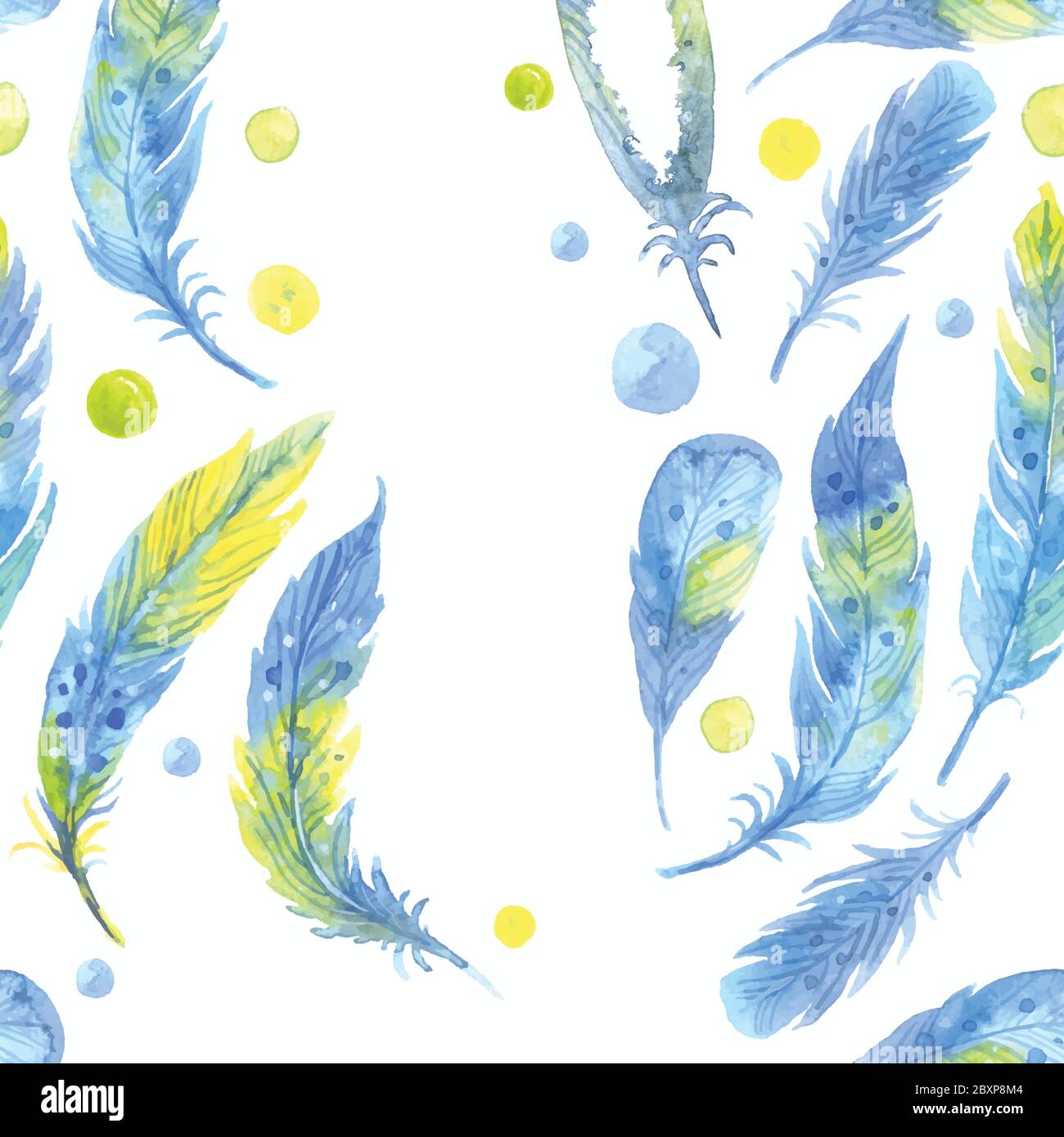 Watercolor seamless boho pattern with feathers. Hand Drawn vector Illustration on white background. Stock Vector