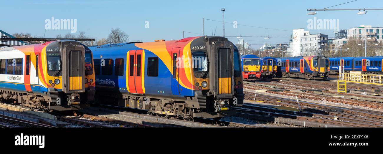Clapham Junction, London, UK; 25th March 2020; Numerous Trains Operated by South Western Railway in Sidings Stock Photo