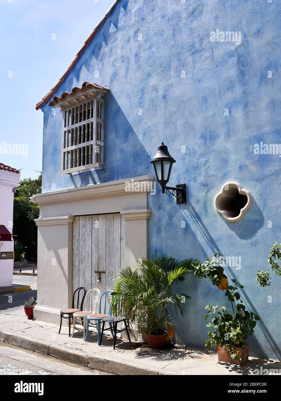 House on street corner in old town Cartagena, Colombia. Stock Photo