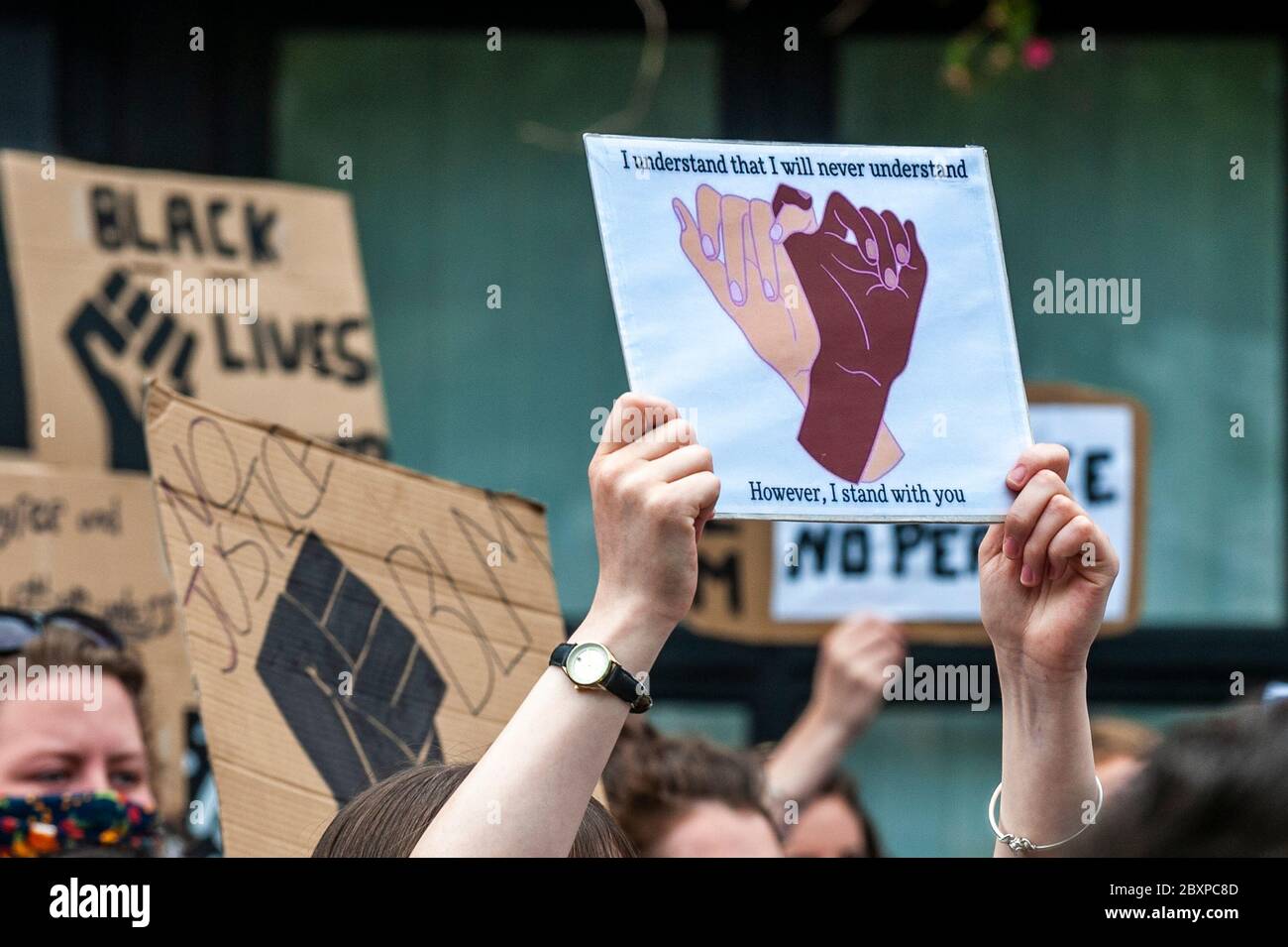 Cork, Ireland. 8th June, 2020. Between 1,000-1,500 people gathered on Grand Parade today under the Black Lives Matter banner to protest against the killing of the unarmed black man in America, George Floyd. Credit: AG News/Alamy Live News Stock Photo