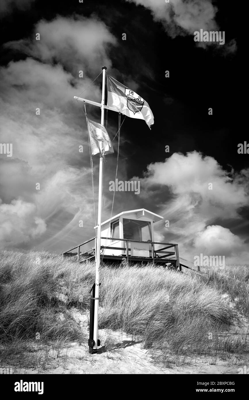 Lifeguard-cabin at the tide flat side of the island Sylt in List. Stock Photo