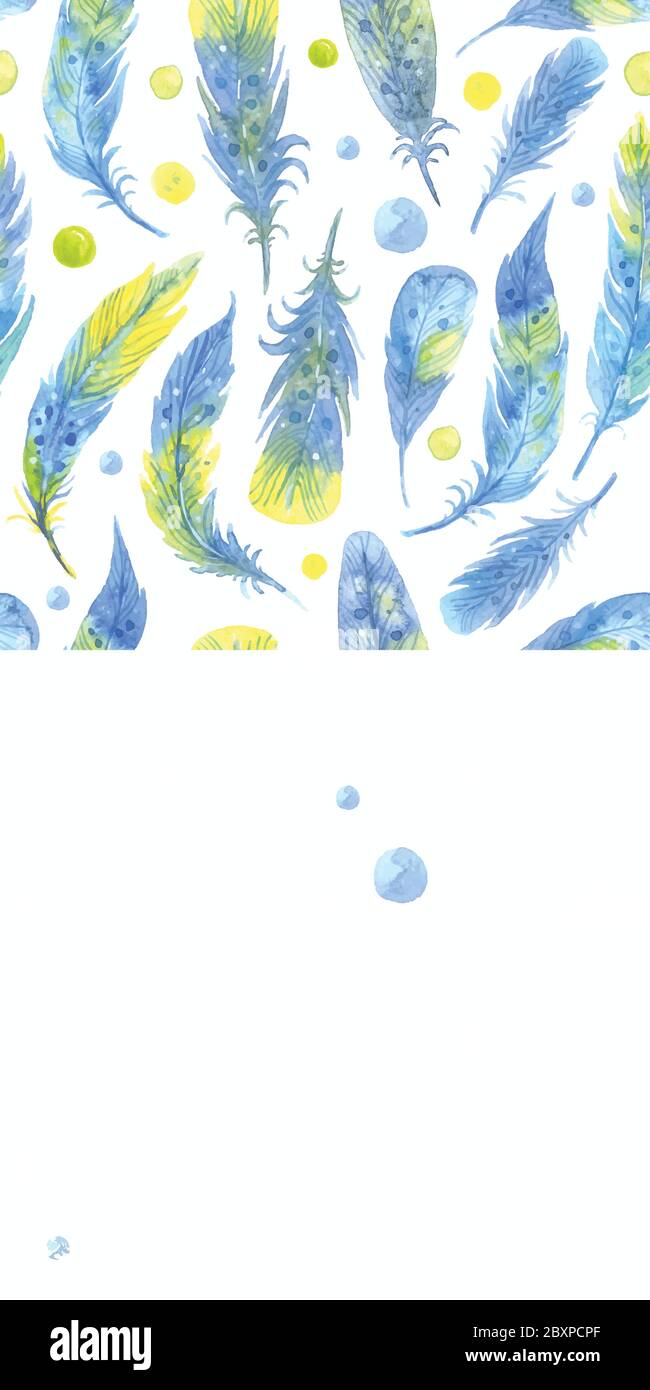 Watercolor seamless boho pattern with feathers. Hand Drawn vector Illustration on white background. Stock Vector