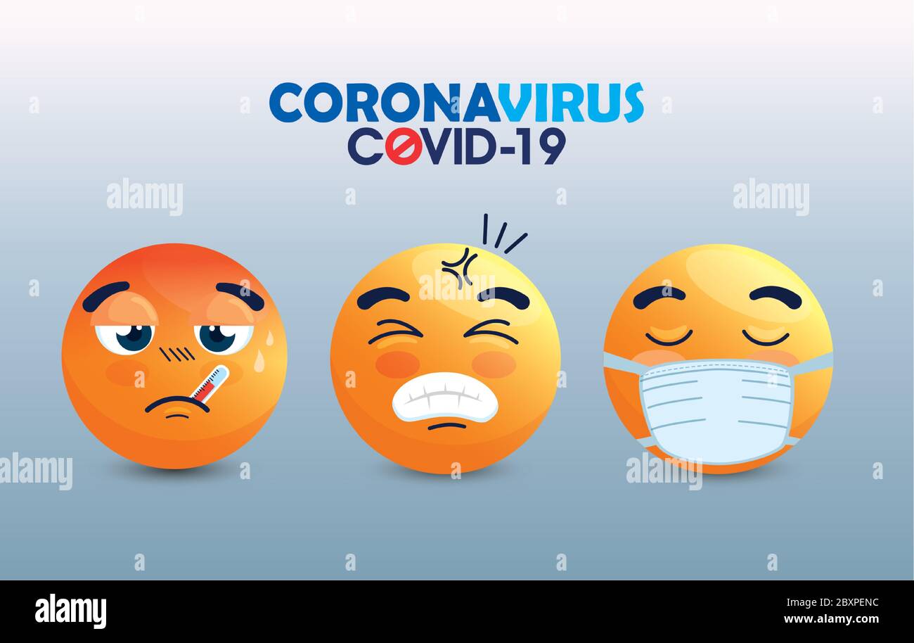 set of emoji wearing medical mask, yellow faces with white surgical ...
